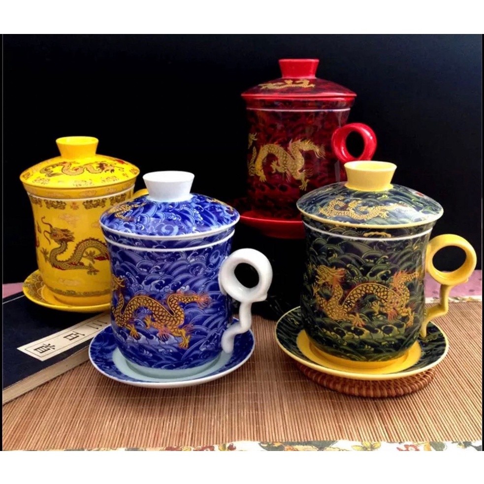 Cangkir Teh Cangkir Teh dengan Saringan Pembuat Kaleng Pola Naga Cina Keramik Kuning/Merah/Biru/Hija