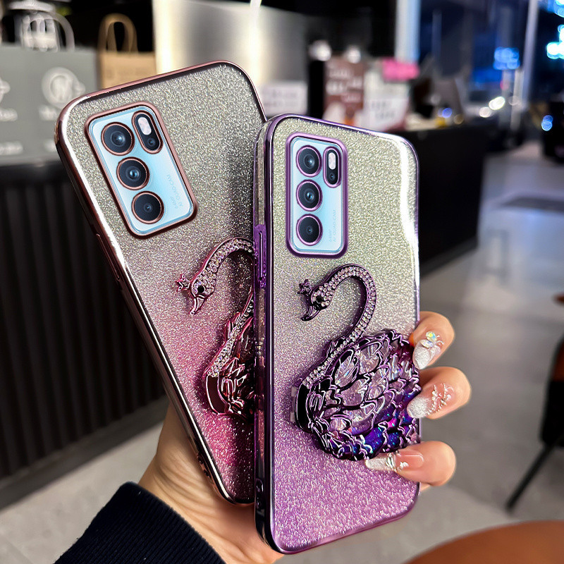 Phone Case for OPPO Reno6Pro 5G Back Cover Luxury Diamond Setting Gemstone Swan Safety Silicone Prot