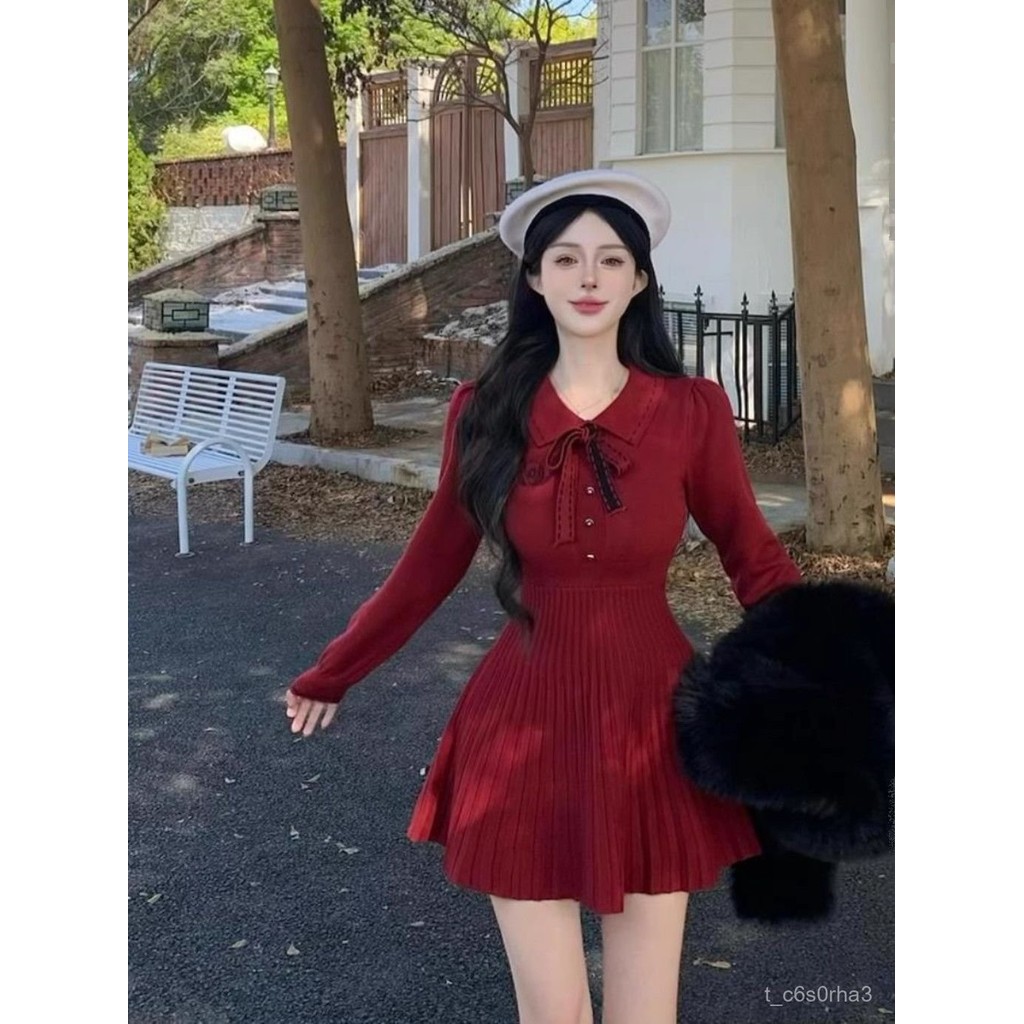 Autumn and Winter New Peter Pan Collar Knitted Dress Waist Slimming Slim Pure Desire Style Advanced 