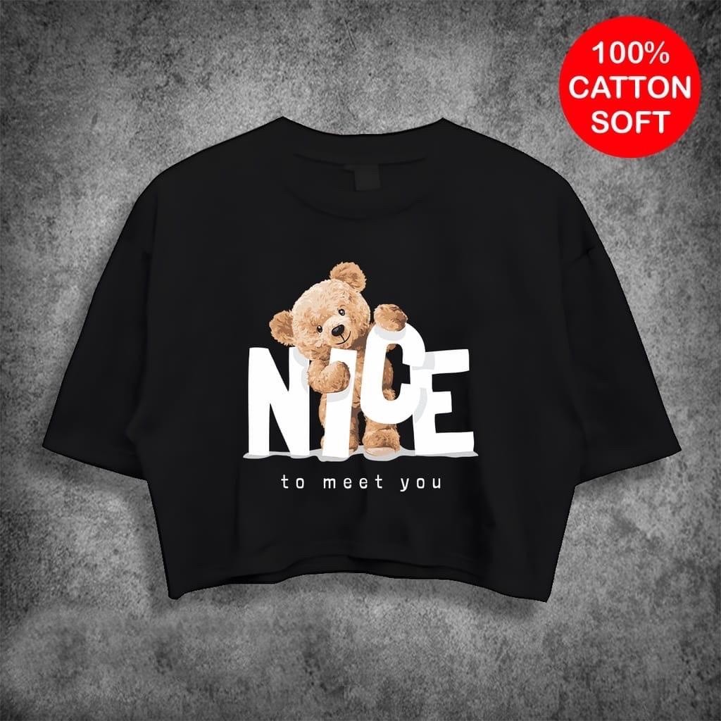 Kaos Crop Oversize Nice Bear Original Kaos Santai Katun Hitam