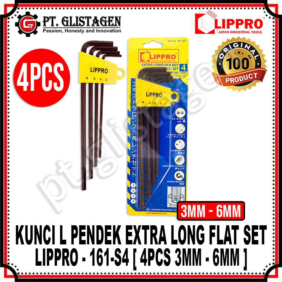 LIPPRO 161-S4 Kunci L Set Panjang 4 Pcs 3mm - 6mm Kunci L Set Extra Long Hex Key Set 4pcs 3mm - 6mm 
