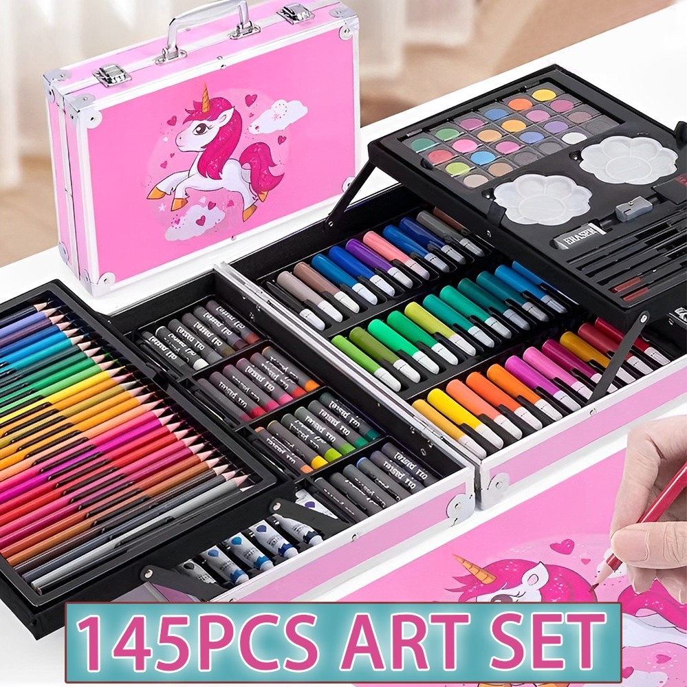 

145 pcs Set Seni Unicorn Kotak Aluminium Pensil Lukis Set Alat Tulis Pena Cat Air Spidol Krayon Pensil Gambar Pai |xDLWRE0C|