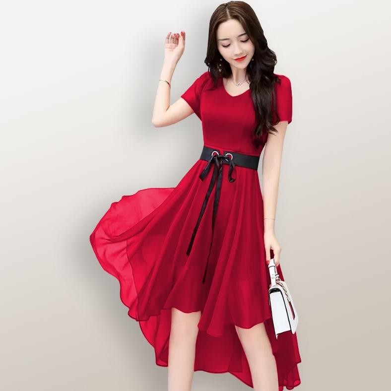 CR - Midi Dress Wanita Korean Style Pesta Casul Dress Kondangan Hitam Putih Lengan Pendek Modis TERL