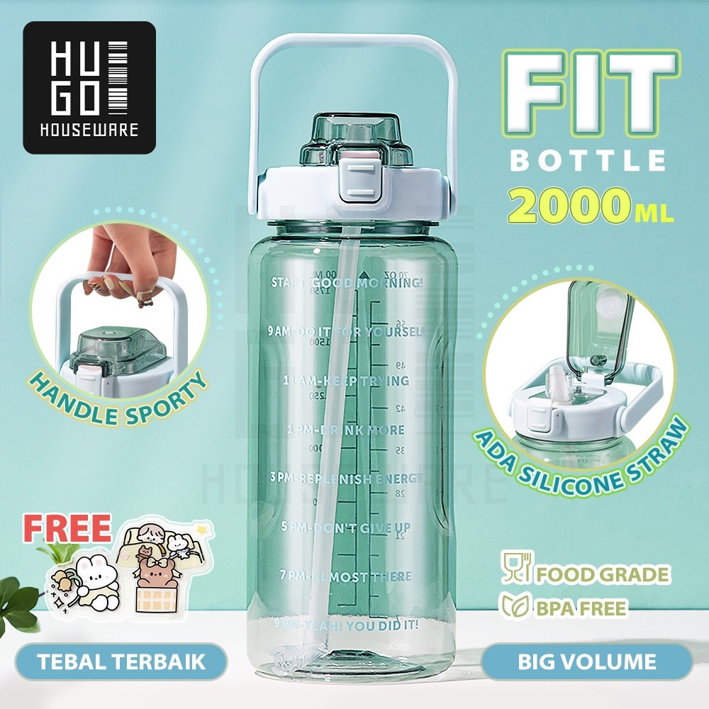 Kebutuhan Dapur HUGO Botol Minum Motivasi 2 Liter Bening BPA FREE Gratis Stiker