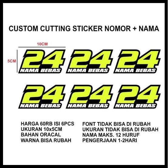 

DISKON CUSTOM STICKER CUTTING NOMOR DAN NAMA 10X5CM 6PCS !!!!!!