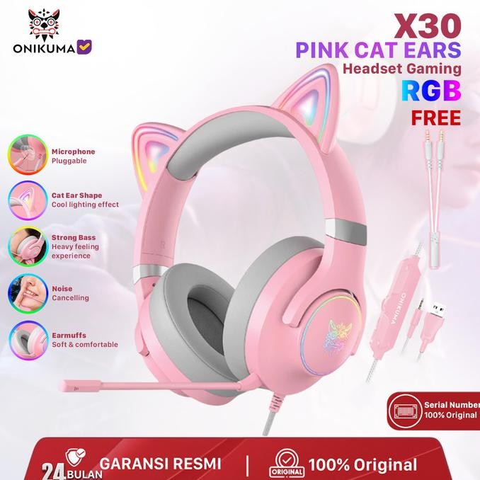 

ONIKUMA X30 HEADPHONE GAMING PINK RGB HEADSET GAMING MODEL CAT EAR ORI ORIGINAL