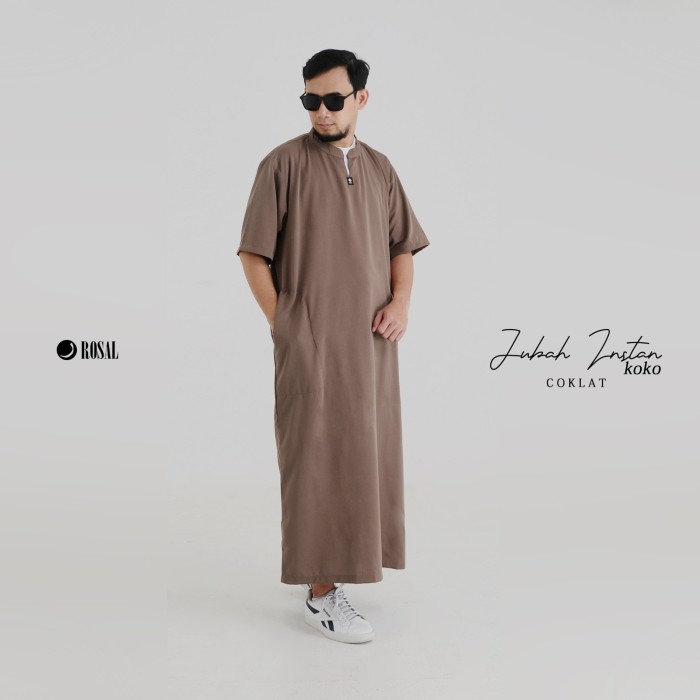 Jubah Pria Jubah Gamis Pria Krah Koko Rosal Gamis Instan Jubah Jumbo Ikhwan Putih - Cokelat, XXL jum