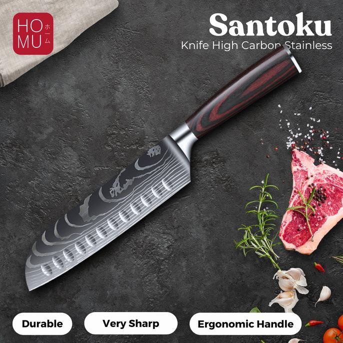 

Berkualitas HOMU SANTOKU PISAU JEPANG CARBON STAINLESS DAMASCUS PATTERN KNIFE WOOD