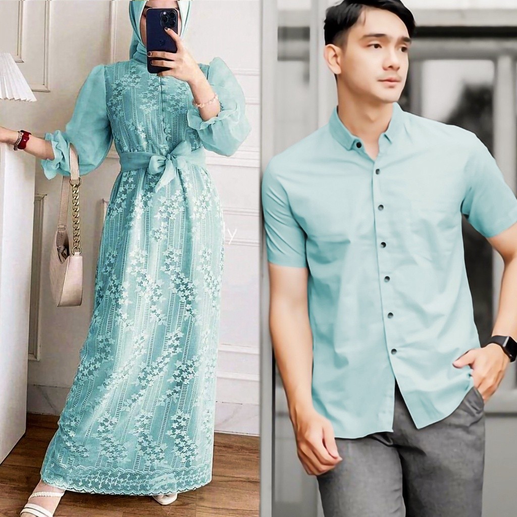 Gamis Couple Kondangan Mewah Lebaran Cople Kemeja Pria Muslim Bju Simple Idul Fitri Games Brukat Sar