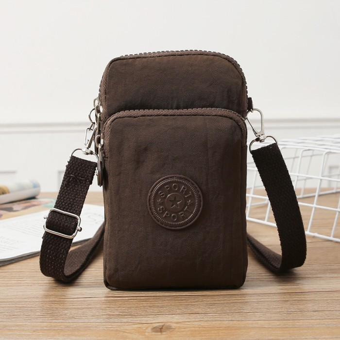 TERLARIS NYLON POUCH TAS SELEMPANG HP WATERPROOF WANITA 3 SEKAT IMPORT - NP01 - Brown