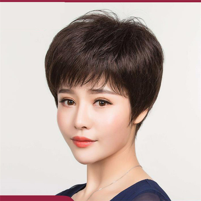 Wig Sedang dan Tua Wanita Pendek Mengirim Rambut Ibu Wanita Wig Kepala Penuh Gaya Berbulu Alami Anti