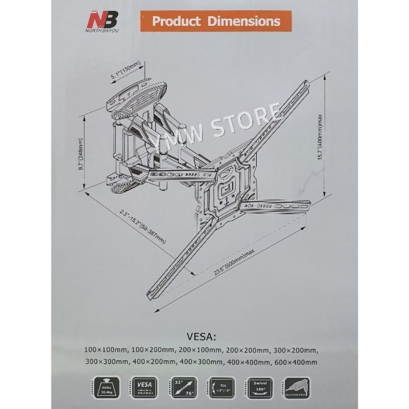 NORTH BAYOU NB X1 / X 1 Bracket TV Swivel 32 inch - 75 inch (Pengganti) NB P5 dan NB 757 - L400