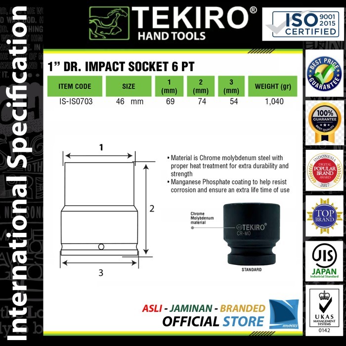 Terbagus Kunci Sok 46 Mm Hitam Stang 1" Inch 6 Pt Pukul - Impact Sock Tekiro