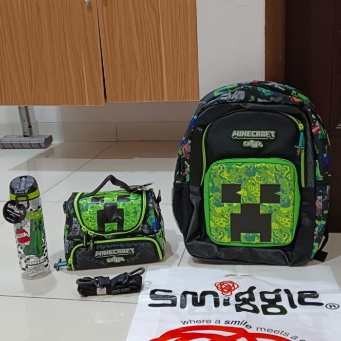 Smiggle Minecraft Set 3 Pis (Backpack, Lunch Bag, Botol Minum)