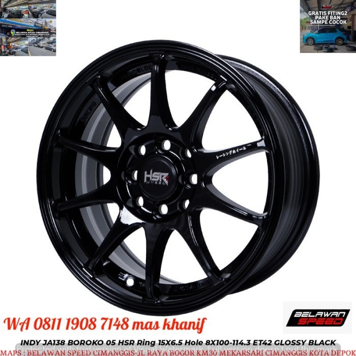 VELG MOBIL HSR INDY R15 RING 15 WULING AIR EV AVANZA XENIA AGYA SIGRA - GLOSSY BLACK + CENTER RING