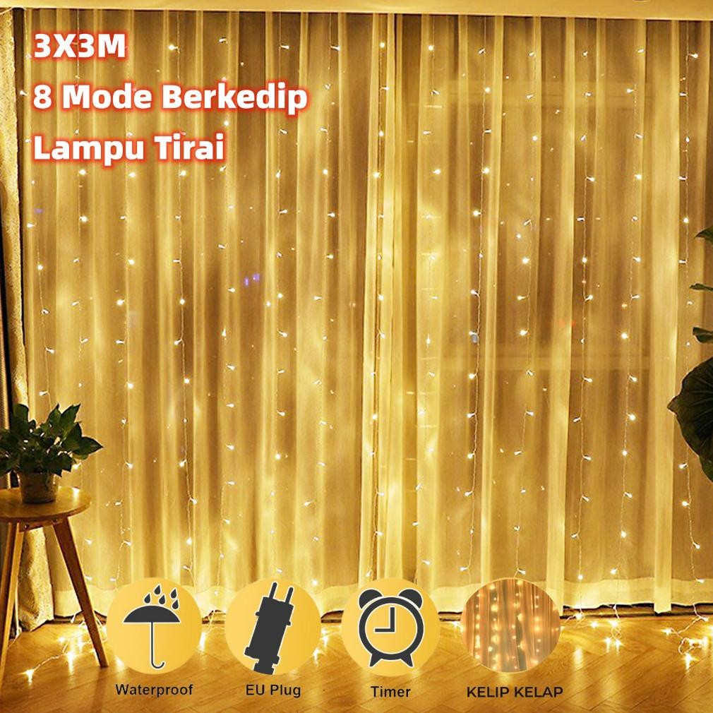 thom lampu tirai panjang 3x3 air terjun lampu dekorasi natal kamar tidur aesthetic kelap kelip