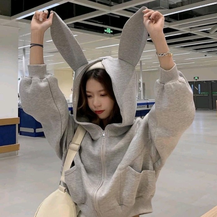 Murah jaket wanita polos abu jacket hoodie kuping telinga rabbit kelinci Non COD