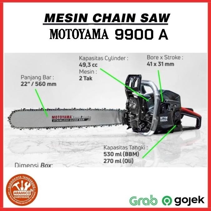 MESIN GERGAJI / CHAINSAW MOTOYAMA 9900 A 22 inch. LASER