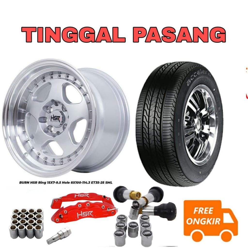 Paket Kumplit Velg Mobil Hsr Burn R15 Ring 15 Plus Ban, Center Ring, Caliver Hsr Dan Baut Untuk Mobi