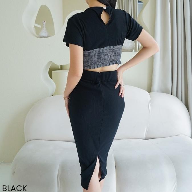 JH Primerea One Set Denim Knit Baju Setelan Crop Top Rok Span Rajut Wanita Bodycon