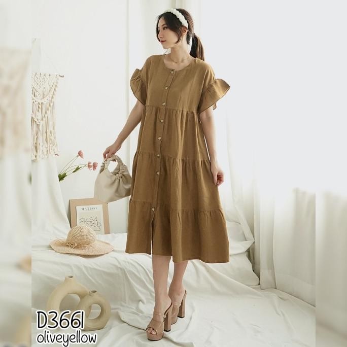 JH Linen Ruffle Dress Midi Wanita Busui Friendly Polos Lengan Pendek 3661