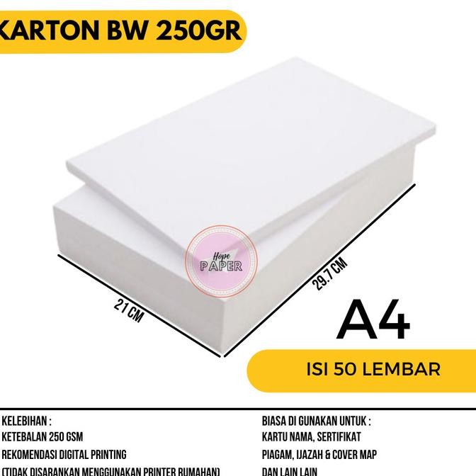 

sale! kertas bw 250gsm a4 isi 50 lembar / kertas karton bw