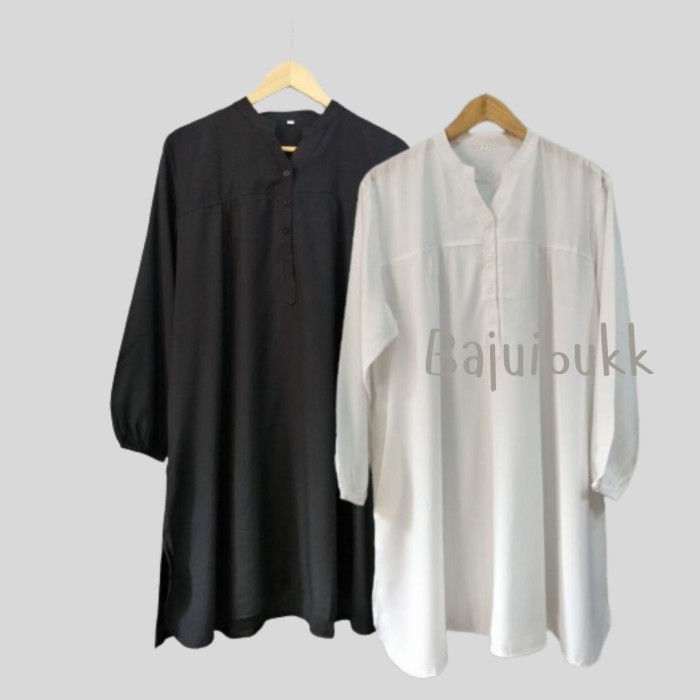 Tunik viscose polos jumbo hitam - putih - kancing hidup lengan karet