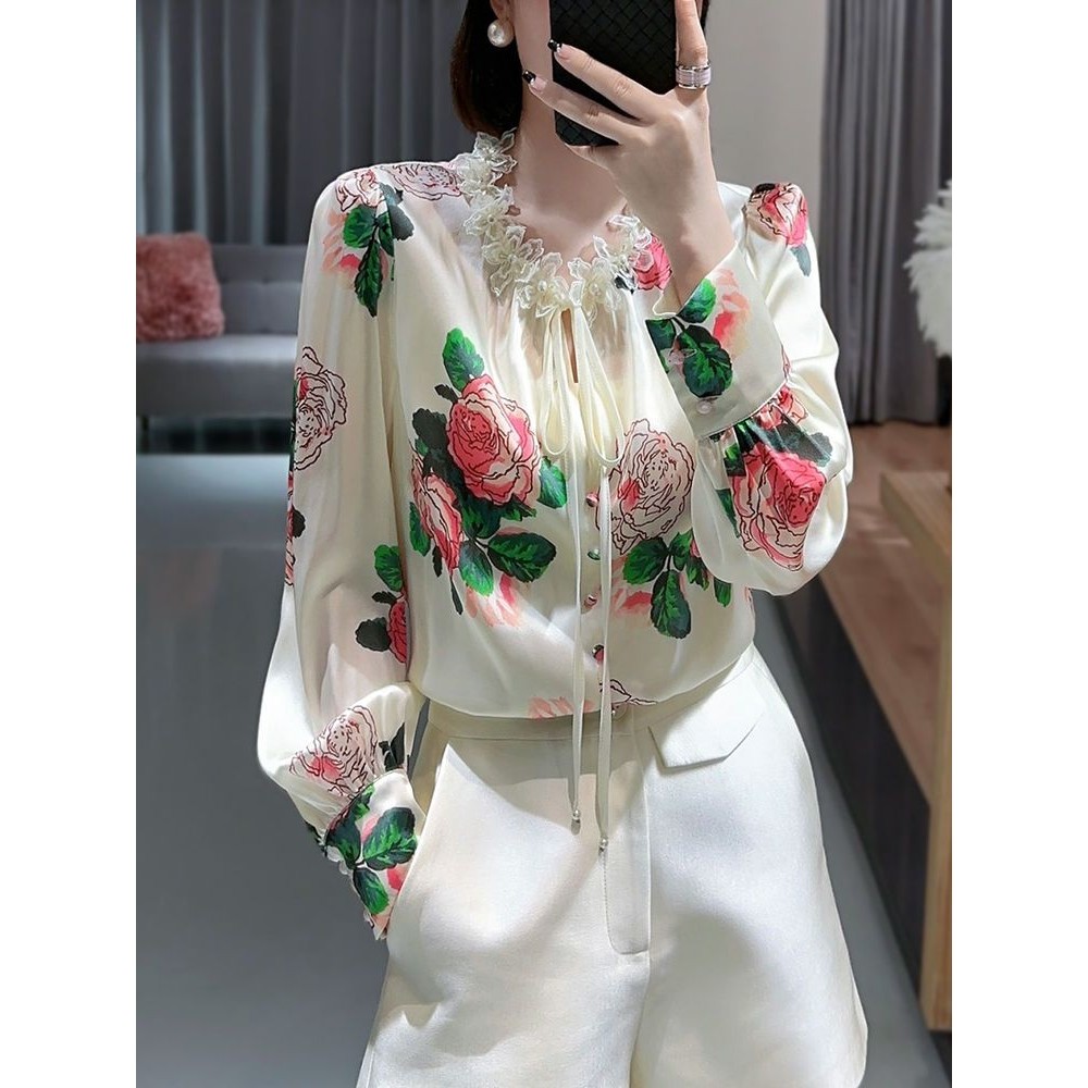 Kemeja Wanita Renda Bercetak, Kemeja Temperamen Longgar