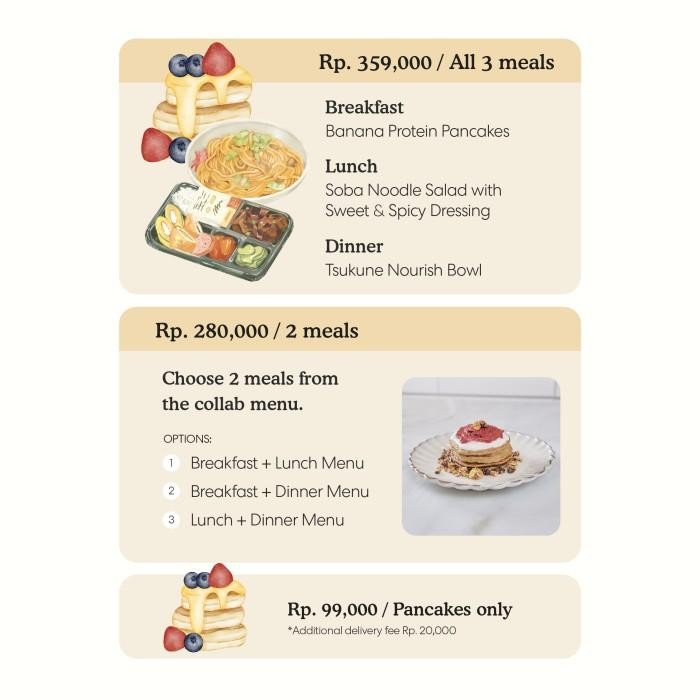 

Breakfast + Lunch + Dinner Menu Metabolism Reset Meal Plan Collab With Dr. Vrischika Bella: Banana Protein Pancakes + Soba Noodle Salad With Sweet & Spicy Dressing + Tsukune Nourish Bowl. Terbaru 100 % Original