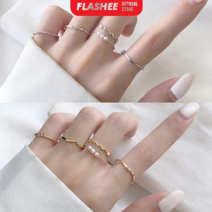 Cincin Titanium Wanita Gold Silver 5Pcs Set Cincin Fashion Tipis Mutiara Berlian Gelombang Spiral