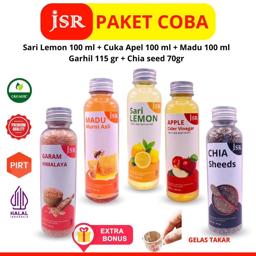 

BUNDLING 5/PAKET COBA/PAKET /CUKA APEL/SARI LEMON/CHIA SEEDS/MADU/GARHIL