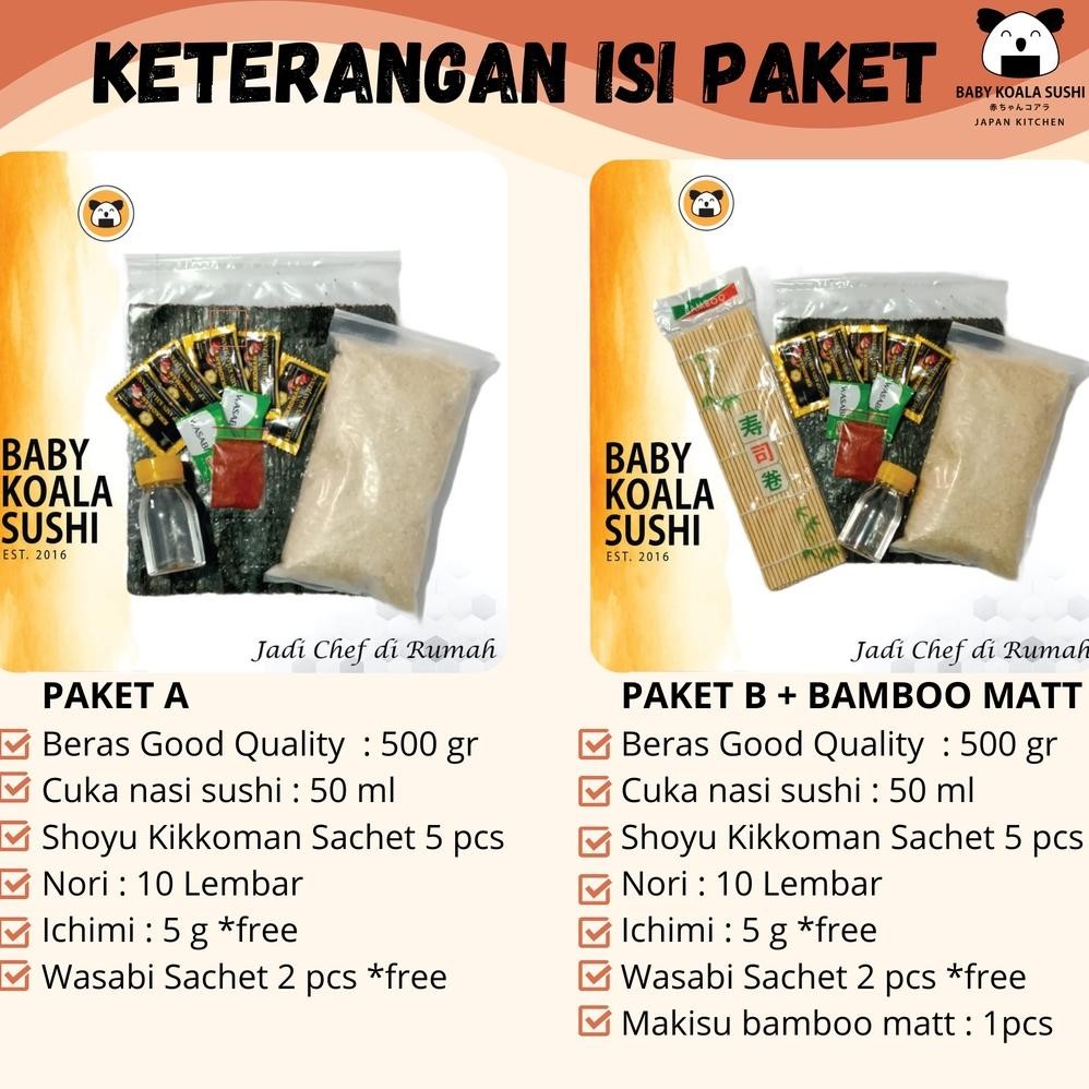 

PAKET BAHAN SUSHI LENGKAP 10 Porsi Halal Beras Japonica, Nori, Bambu Mat, Shoyu, Sushi Seasoning