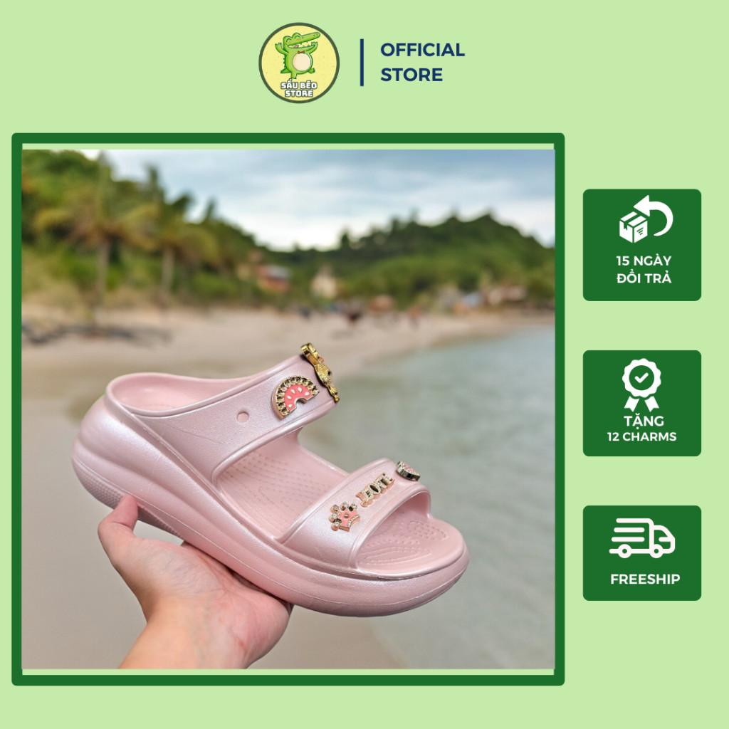 Sandal Klasik Crocs Berwarna Merah Muda Berkilau Dengan Tali Horizontal 5,2 Cm + 14 Liontin Sebagai 