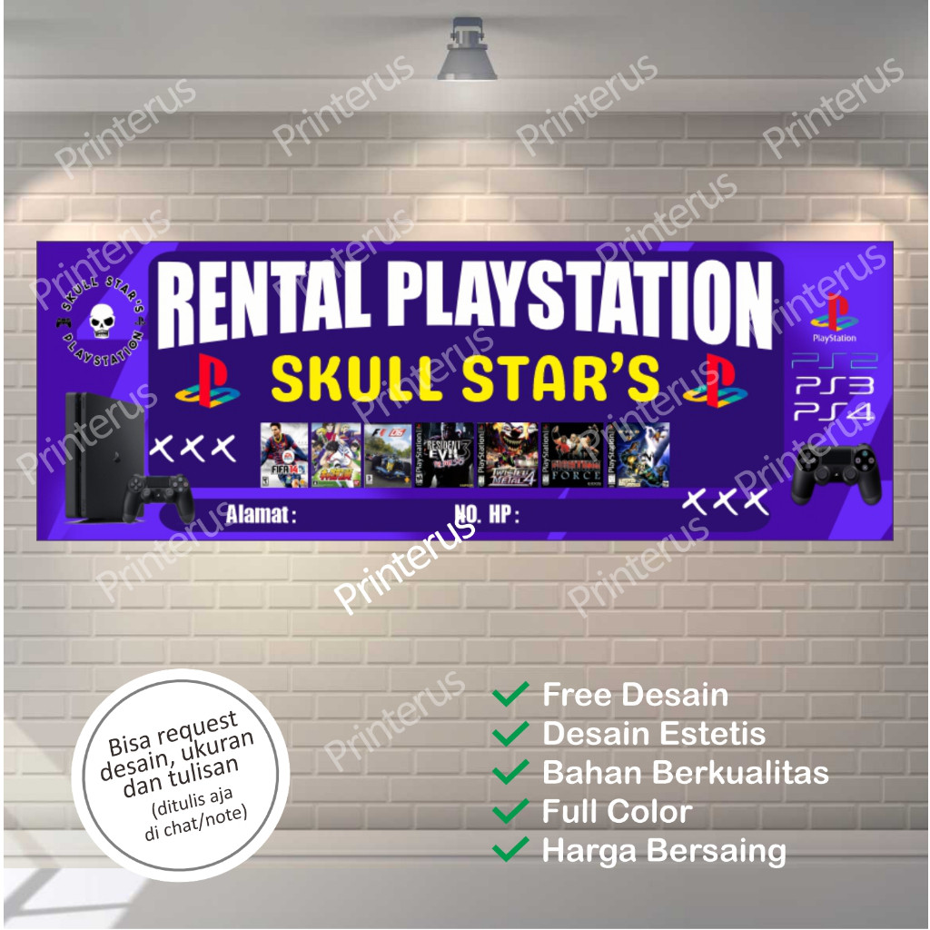 BELANJA HEMAT !! Banner Spanduk Rental PS4 PS5 – Desain Game Keren Custom Nama & Jam Buka