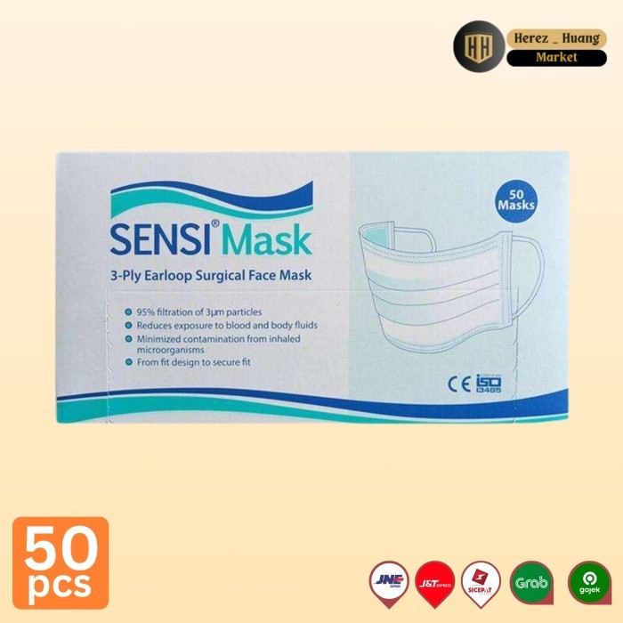 Masker Sensi Earloop 3Ply Earloop Surgical Face Mask, Masker Sensi Medis, 1 Box Isi 50Pcs
