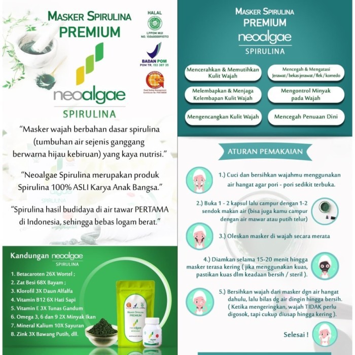 Masker Spirulina Wajah Premium Spirulina Face Mask / Face Sheet