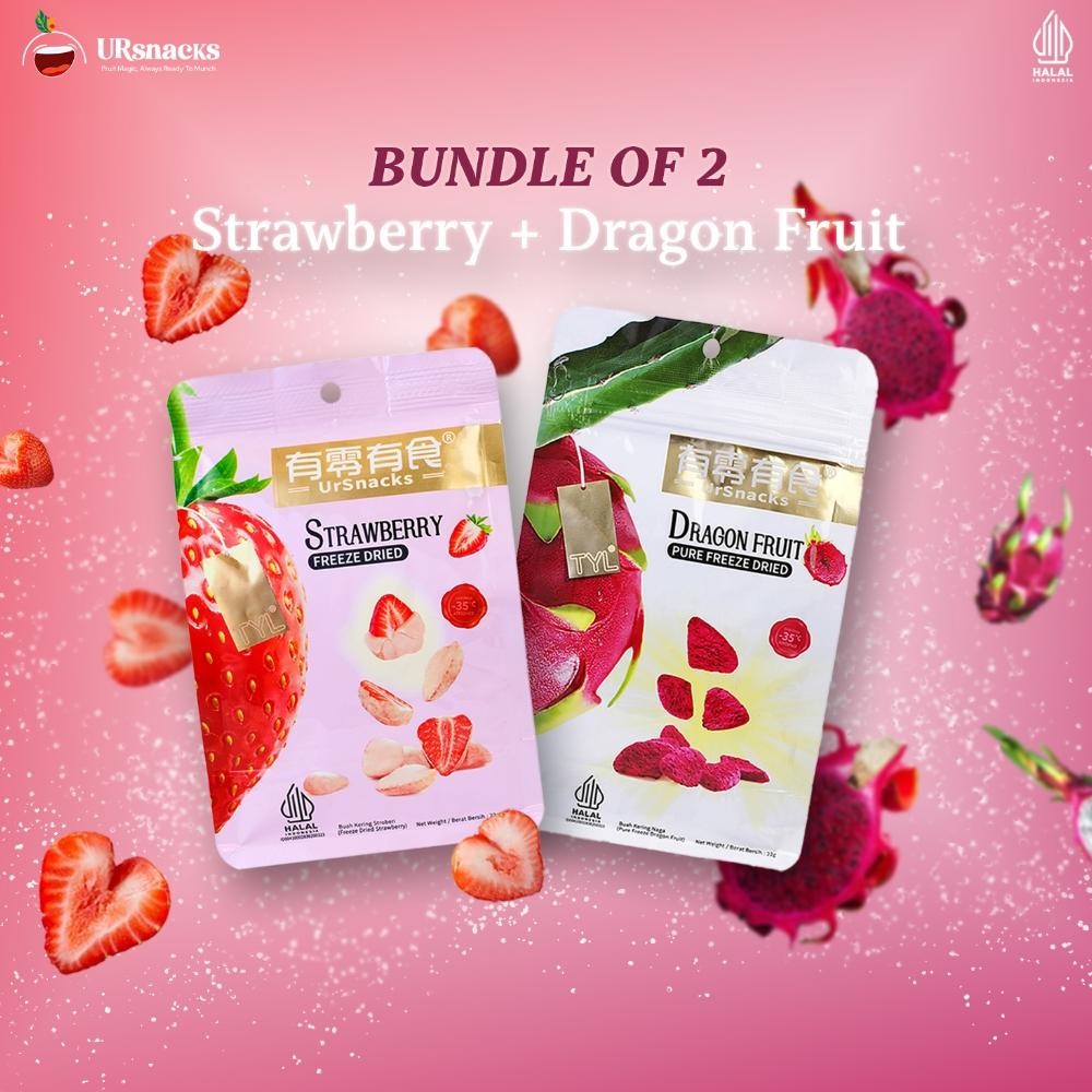 

URSNACKS PAKET HEMAT 2 - FREEZE DRIED KERIPIK SEHAT STRAWBERRY 22gr + DRAGON FRUIT 22gr BUAH VAKUM CEMILAN