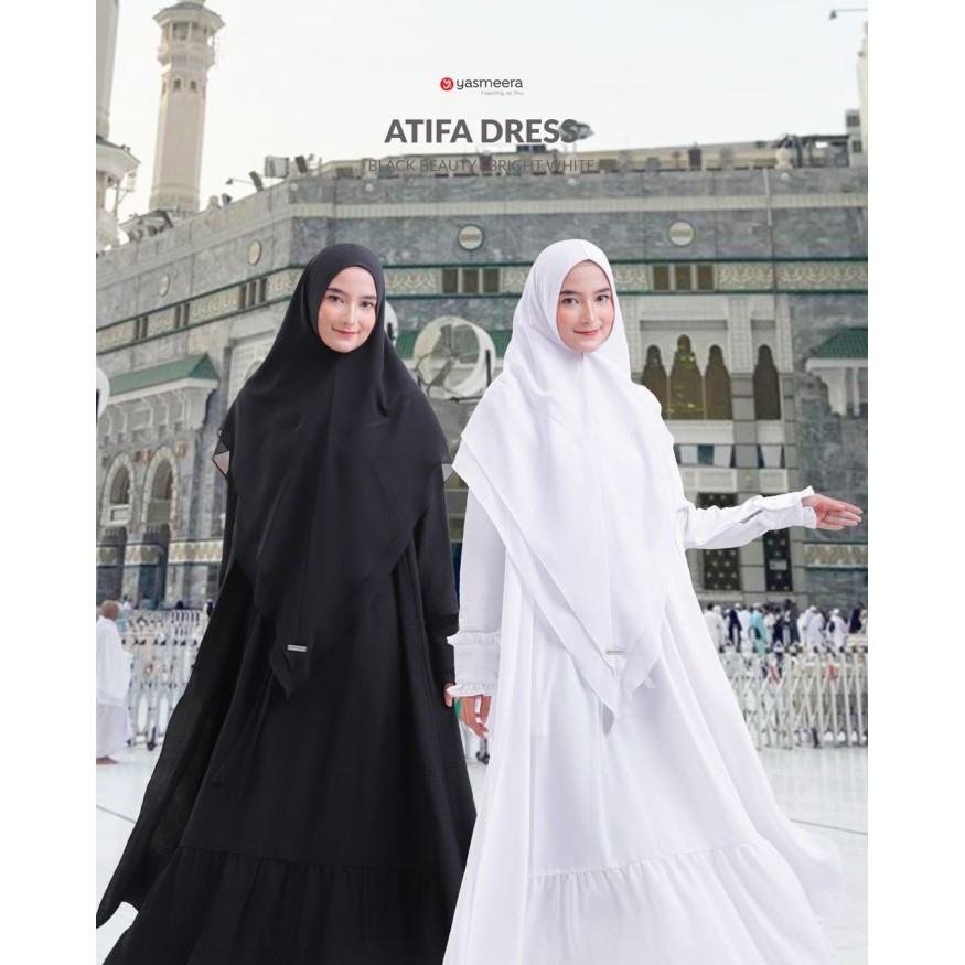 Atifa Dress Yasmeera - Gamis Umroh Haji Hitam dan Putih Polos