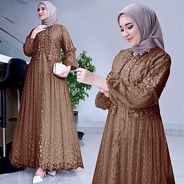 Gamis felika pesta dress brukat tile dot LD 90 100 110 120 130 jumbo hijau sage PS