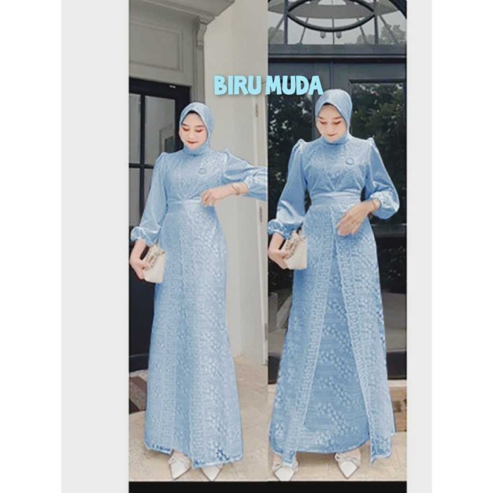 Gamis elika pesta dress satin brukat LD 90 100 110 120 130 jumbo biru denim PS