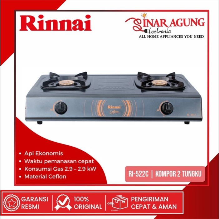RINNAI KOMPOR GAS 2 TUNGKU RI-522C / RI 522 C / RI522C TEFLON100% ORI