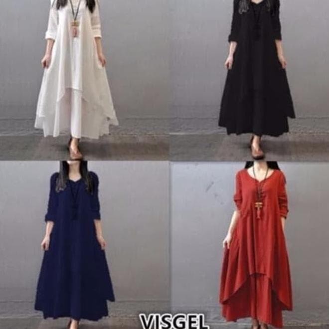 VISGEL MAXI Dress Panjang Kaftan Gamis Modern Bahan Rayon Adem - Putih