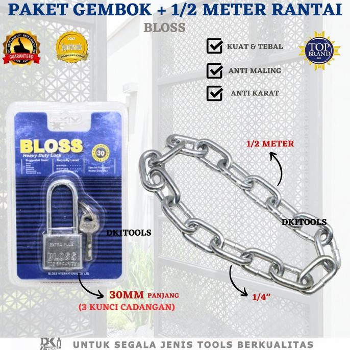 Paket Gembok 30Mm Bloss Panjang + Rantai 1/2 Meter Kuat Anti Karat & Tebal (1/4") Stok Terbatas