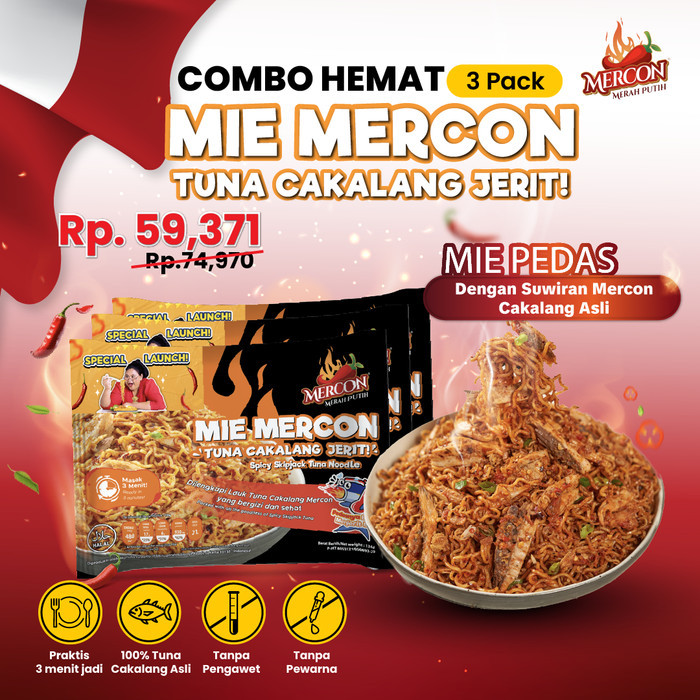 

HOT SALE! [NAD]Mercon Merah Putih - Combo Hemat 3 Pack Mie Mercon Tuna Cakalang Jerit Mie Goreng