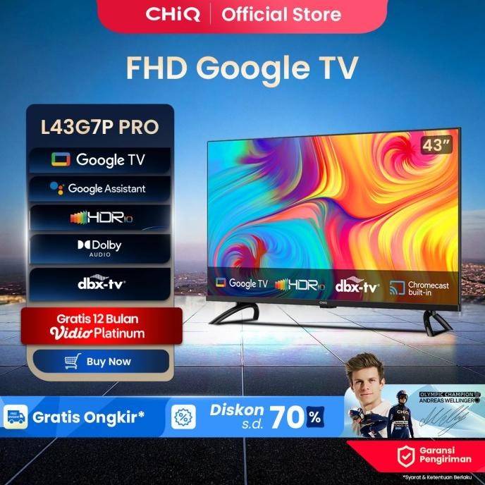 siap kirim google tv chiq 43 inch smart tv fhd youtube digital tv (l43g7p pro)
