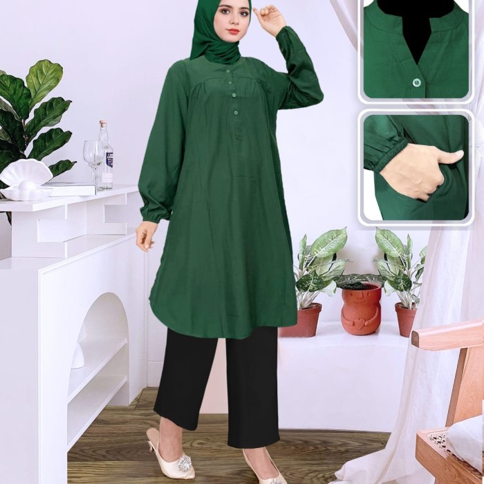 Murah Tunik polos viscose jumbo Hijau Botol 02 Non COD