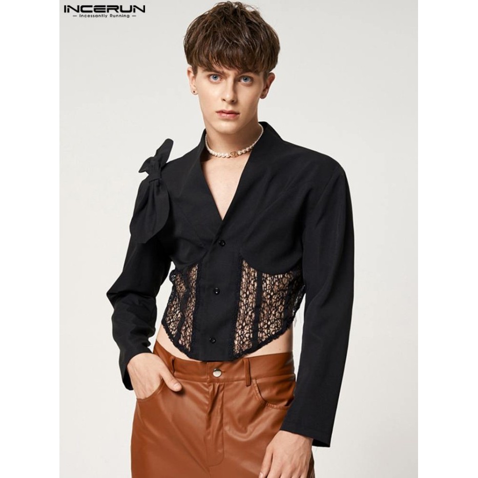 AppleDezign INCERUN Fashion Men Blazer Lace Patchwork V Neck Long Sleeve Sexy