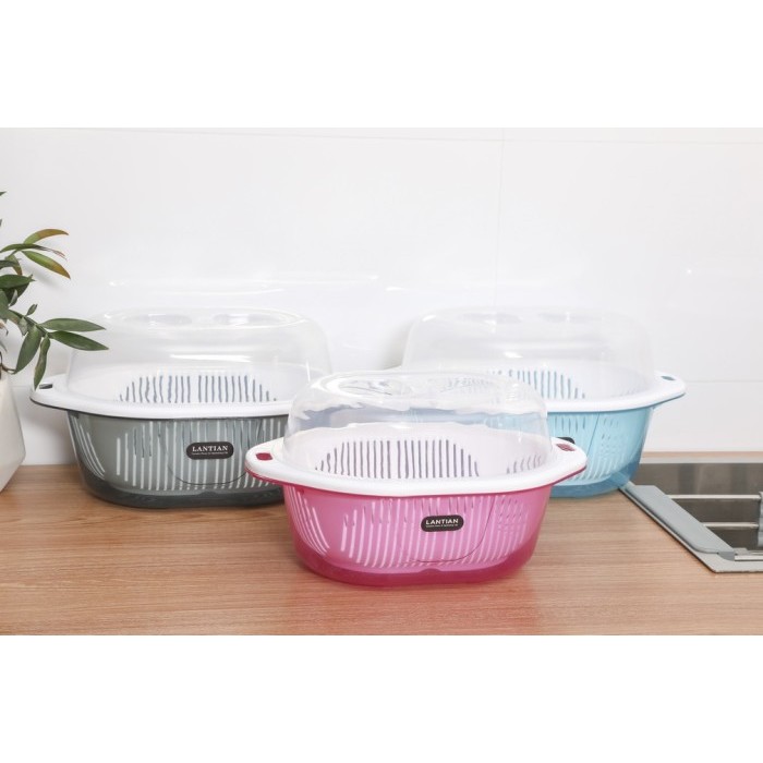 Baskom Lubang Saringan Pencuci buah dan sayuran oval dengan tutup