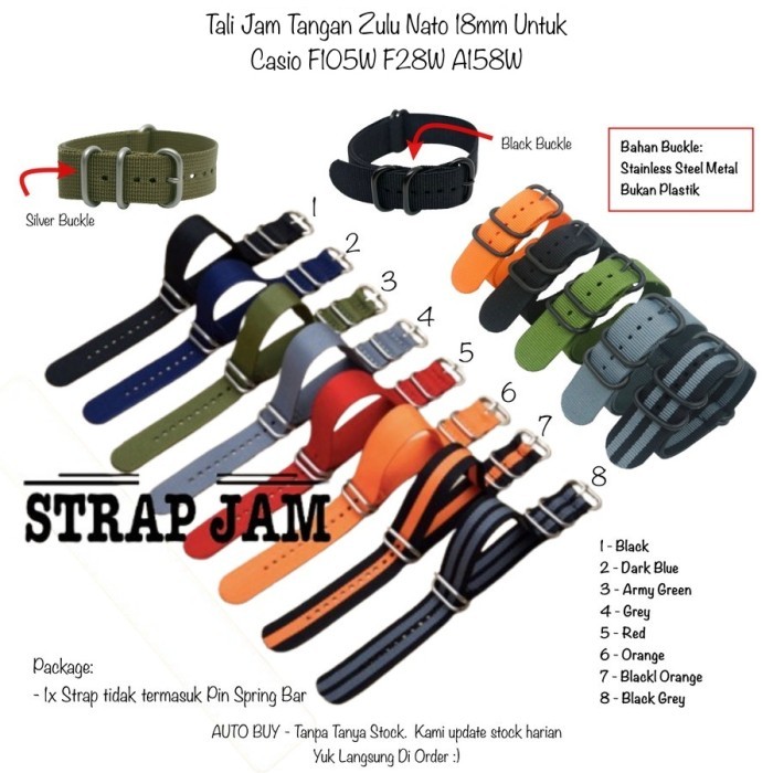 Zulu Nato 18mm Tali Jam Tangan Casio F105W F28W A158W - Nilon Kanvas