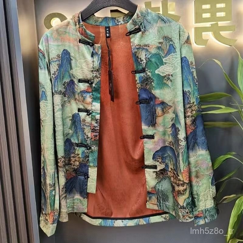 Berdiri Kancing Serbaguna Trendy Gaya Cina Jaket Atas Kemeja Lukisan Pemandangan Hijau
